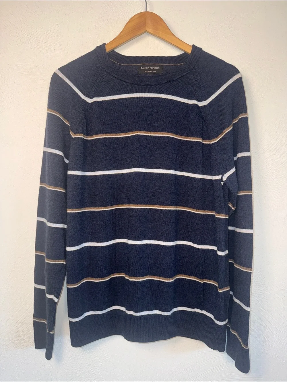 Banana Republic Navy Crewneck Sweater with White and Tan Stripes